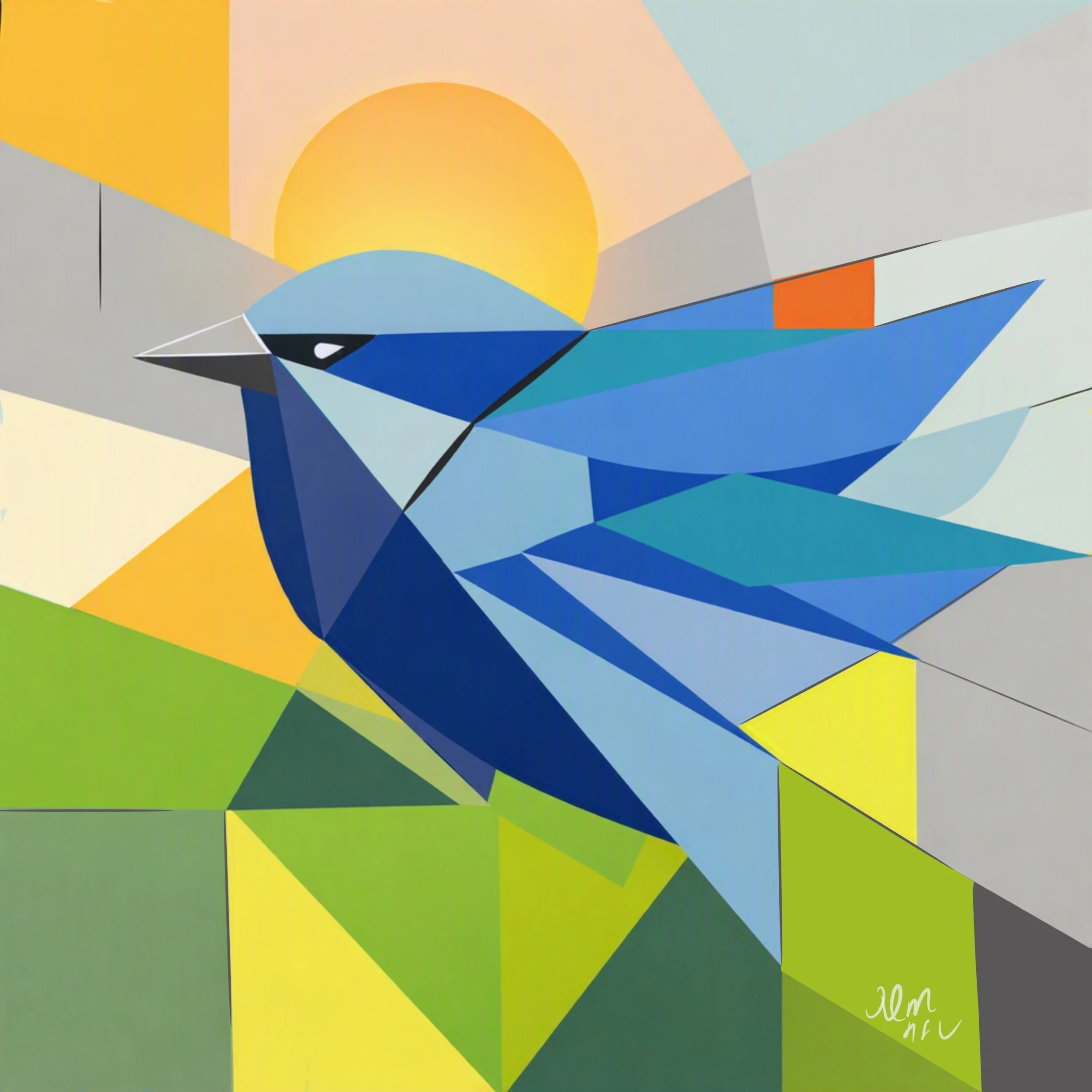 Geometric Blue Wren artwork featuring bold angular shapes, soft gradients, and a modern abstract design inspired by Western Australia’s native birds.