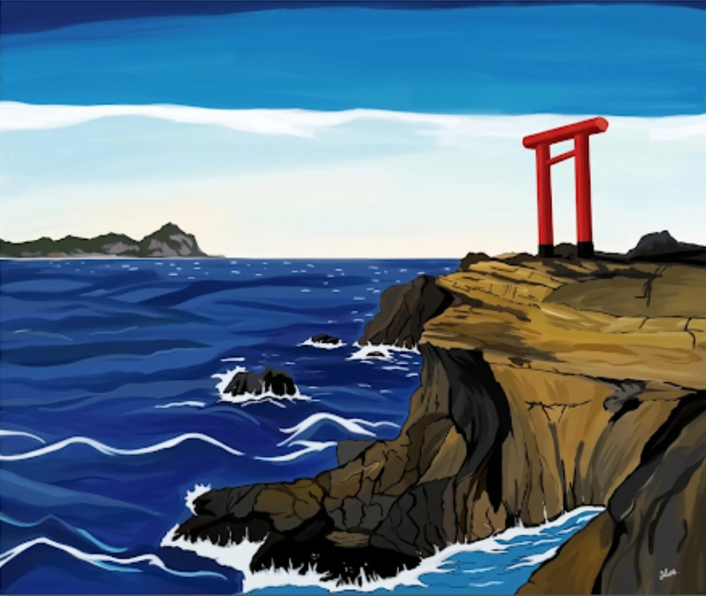 An acrylic painting of a red torii gate on rocky coastal cliffs above deep blue ocean waves, shown in a minimalist beige interior