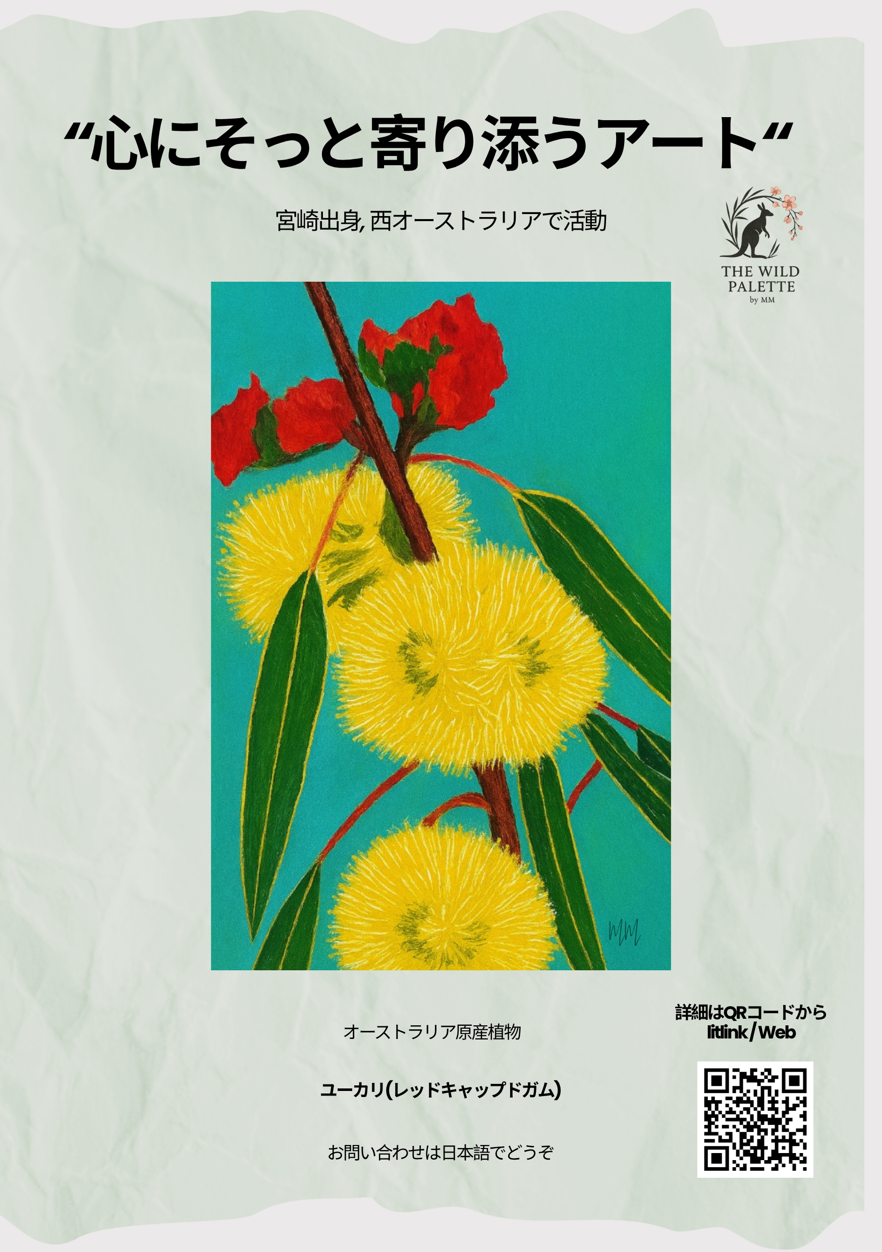 Australian native flowers illustration on a soft textured background with QR code for The Wild Palette by MM