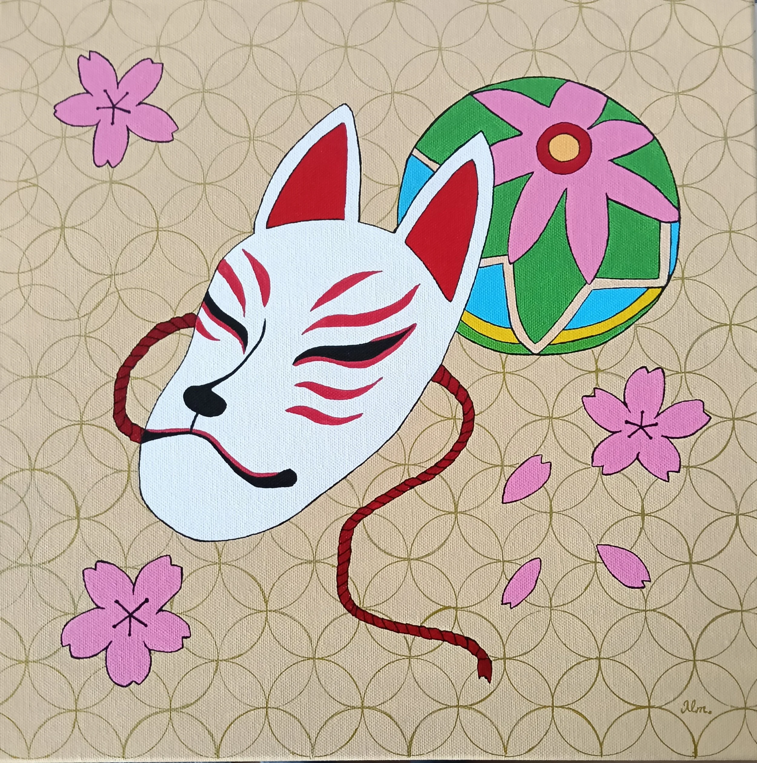 A traditional Japanese kitsune mask with red markings and braided cord rests beside a colorful temari ball and soft pink sakura blossoms. The background features a repeating Shippo-tsunagi pattern, symbolizing harmony and eternal connection. 