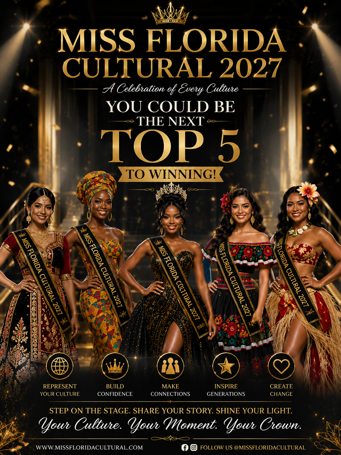 Promotional poster for Miss Florida Cultural 2027 pageant featuring five women in traditional and cultural attire, wearing sashes, with a dark background, gold accents, and celebratory design elements.