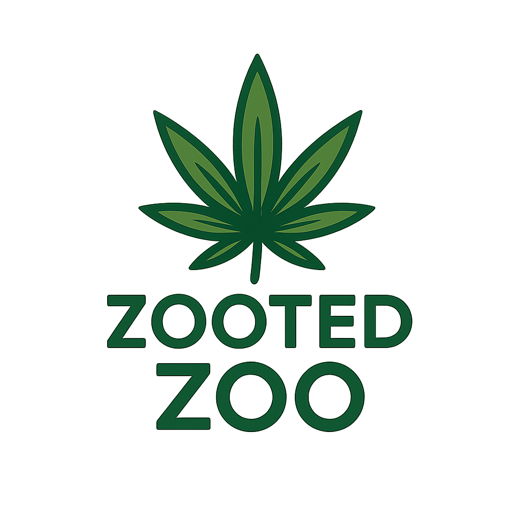 Logo featuring a cannabis leaf above the words "Zooted Zoo" in green, stylized font.