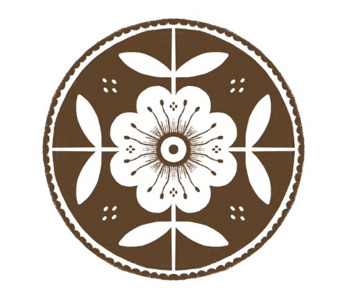 Circular floral design with a central flower, surrounded by leaves and smaller decorative elements, on a dark background.