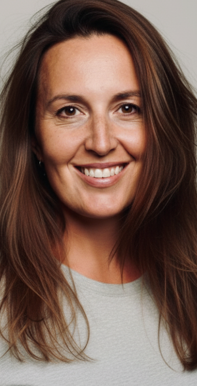 Nahaufnahme einer lächelnden Frau mit langen braunen Haaren, die direkt in die Kamera schaut.