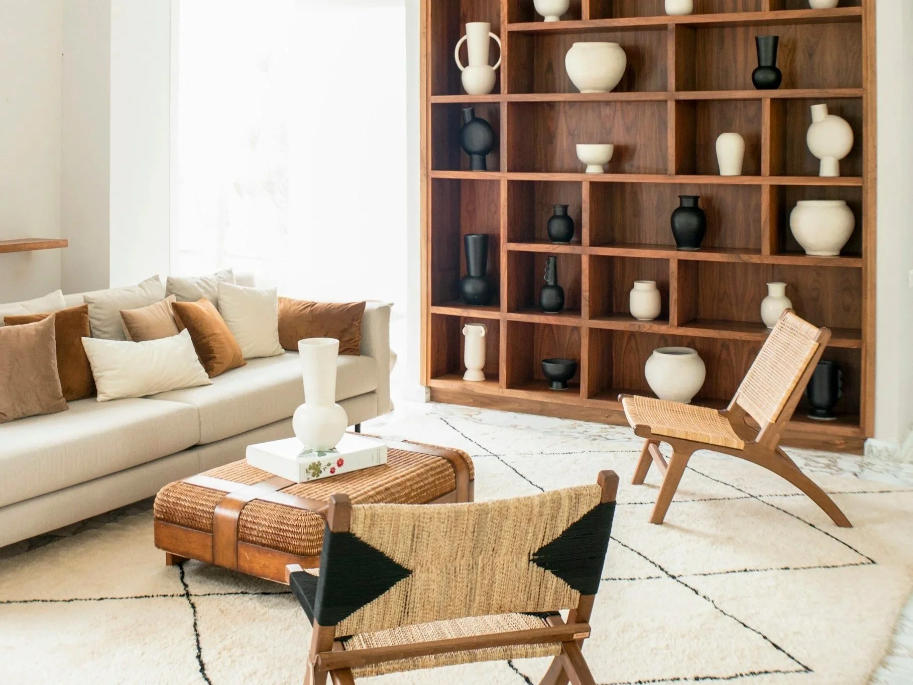 modern luxury living room with warm wood tones and neutral decor