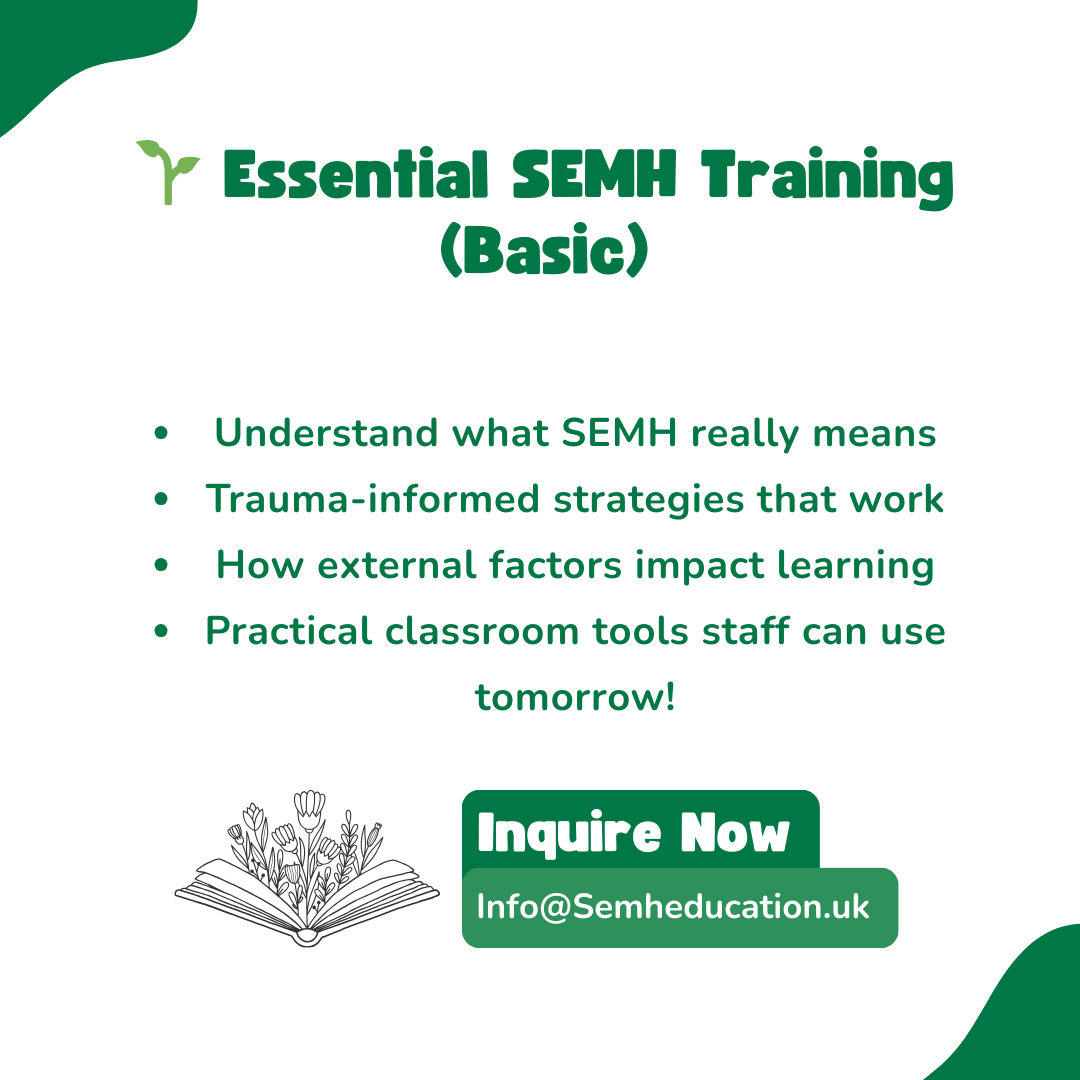 A flyer advertising an essential SEMH training program, featuring a list of key topics and contact information for inquiries.