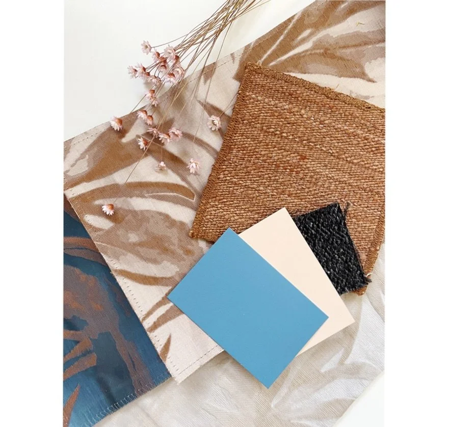 Flat lay of material samples and fabric swatches from Urban Soul Interiors.