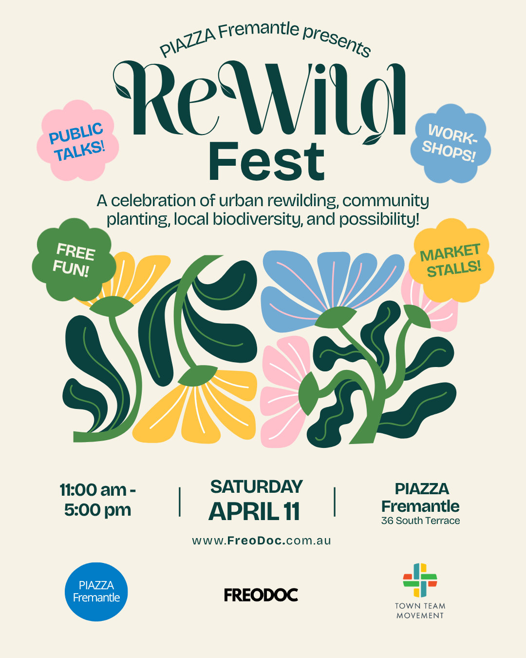 Event poster for ReWild Fest Fremantle. A Celebration of Urban ReWilding, Community Planting and Possibility. Saturday 11 April from 11am - 5pm.