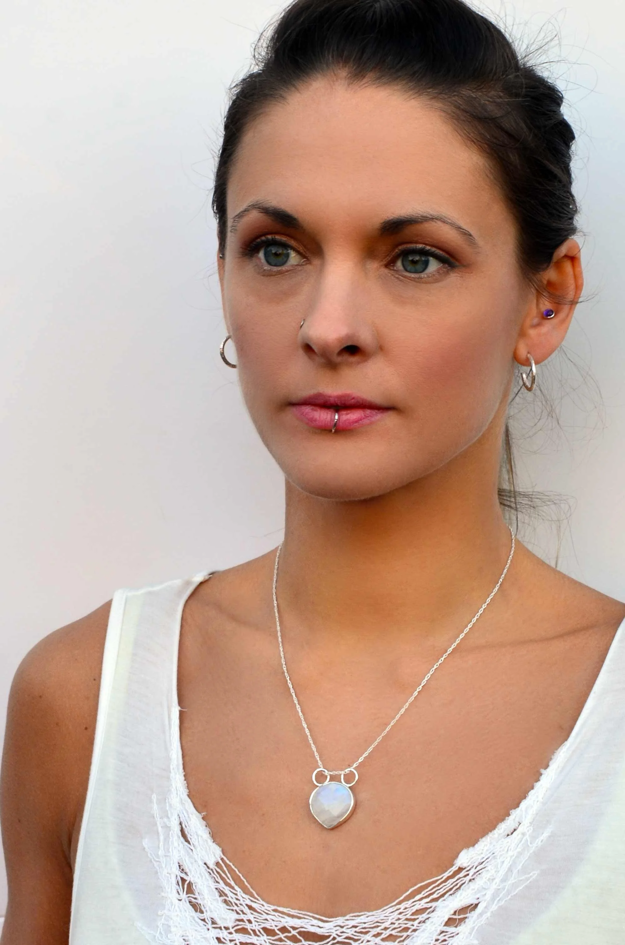 Statement moonstone necklace on model victoria grace silversmith