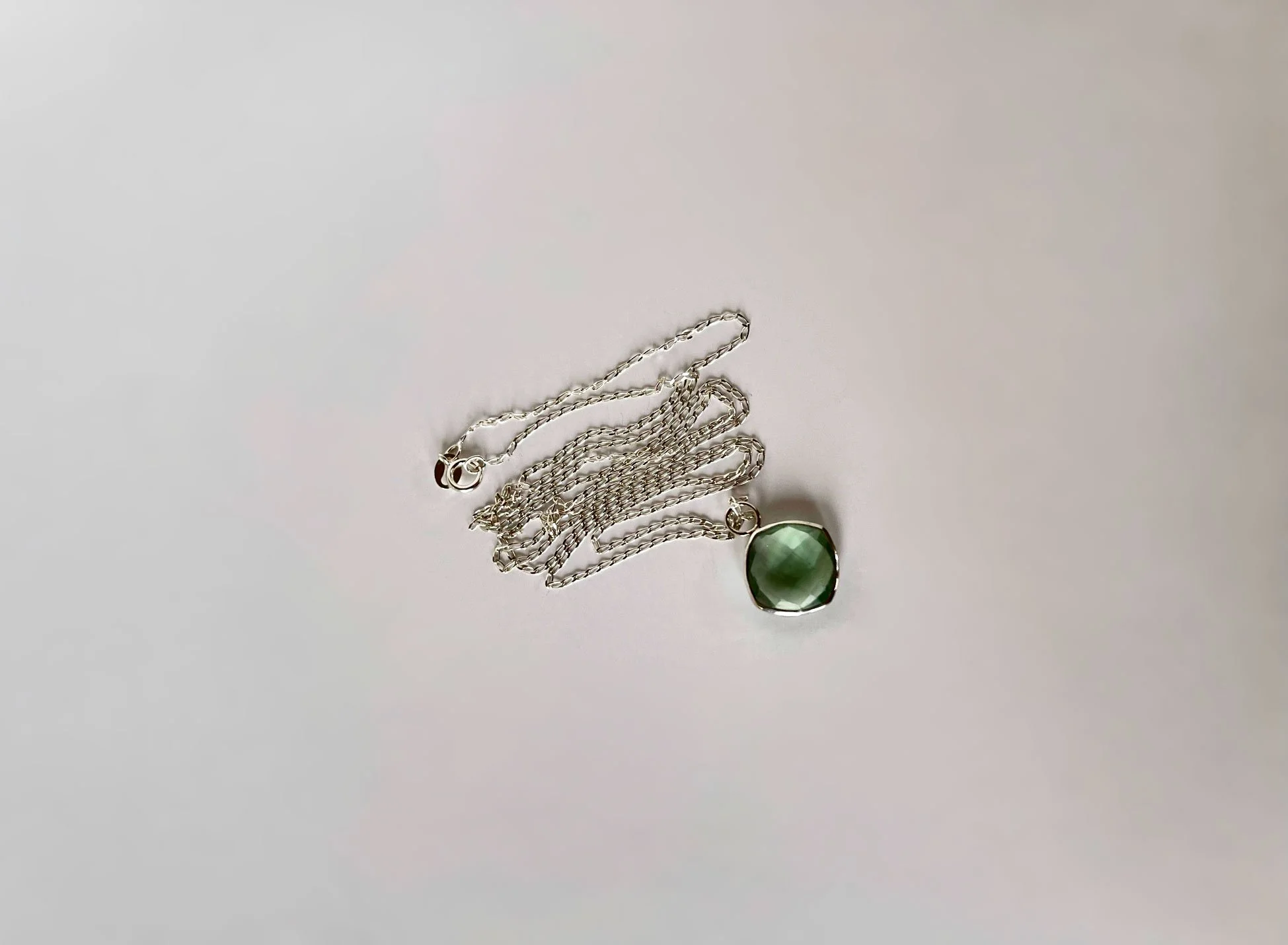square green flourite necklace silver chain white background product photo