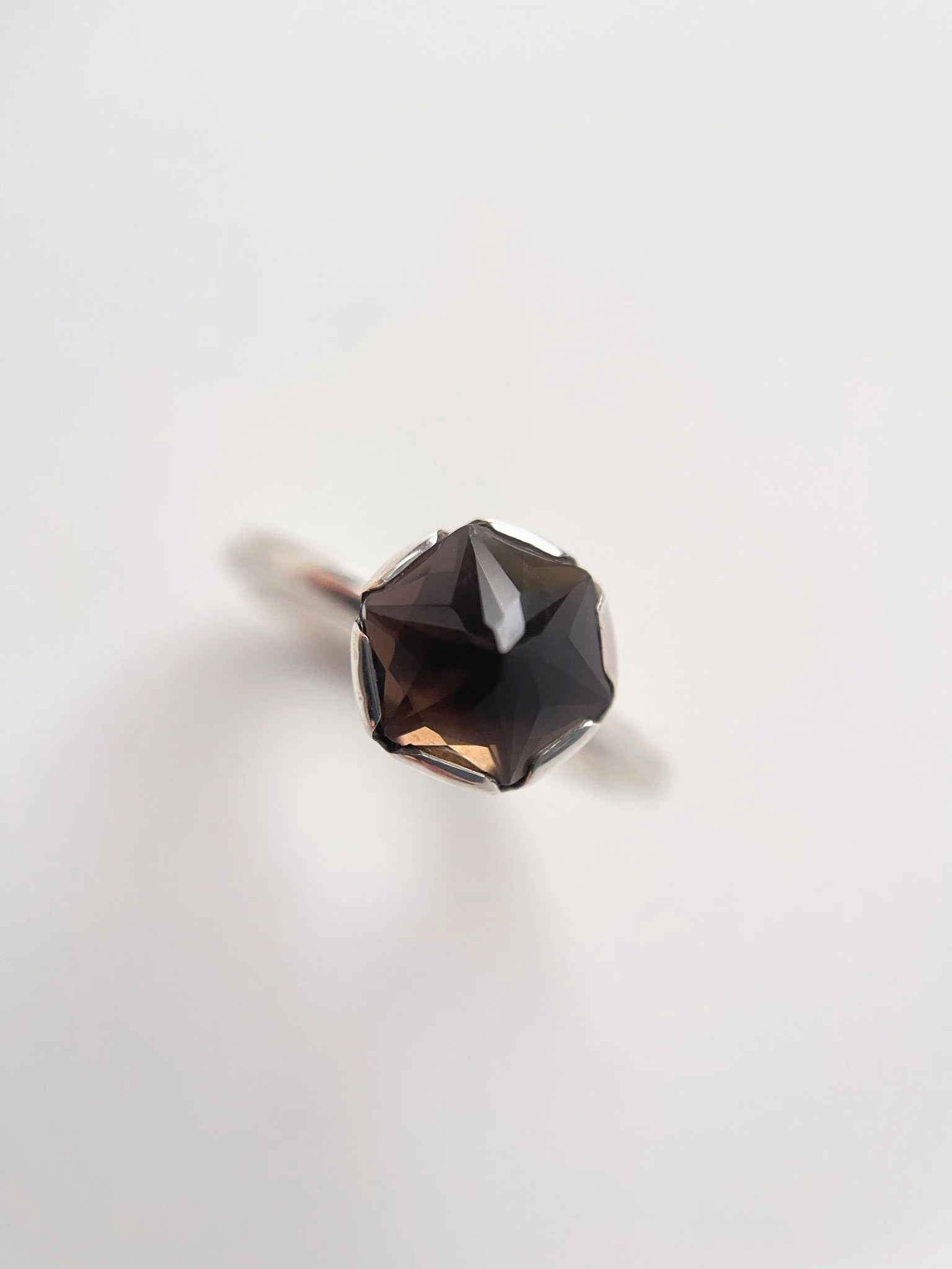inverted faceted smoky quartz ring handmade close up
