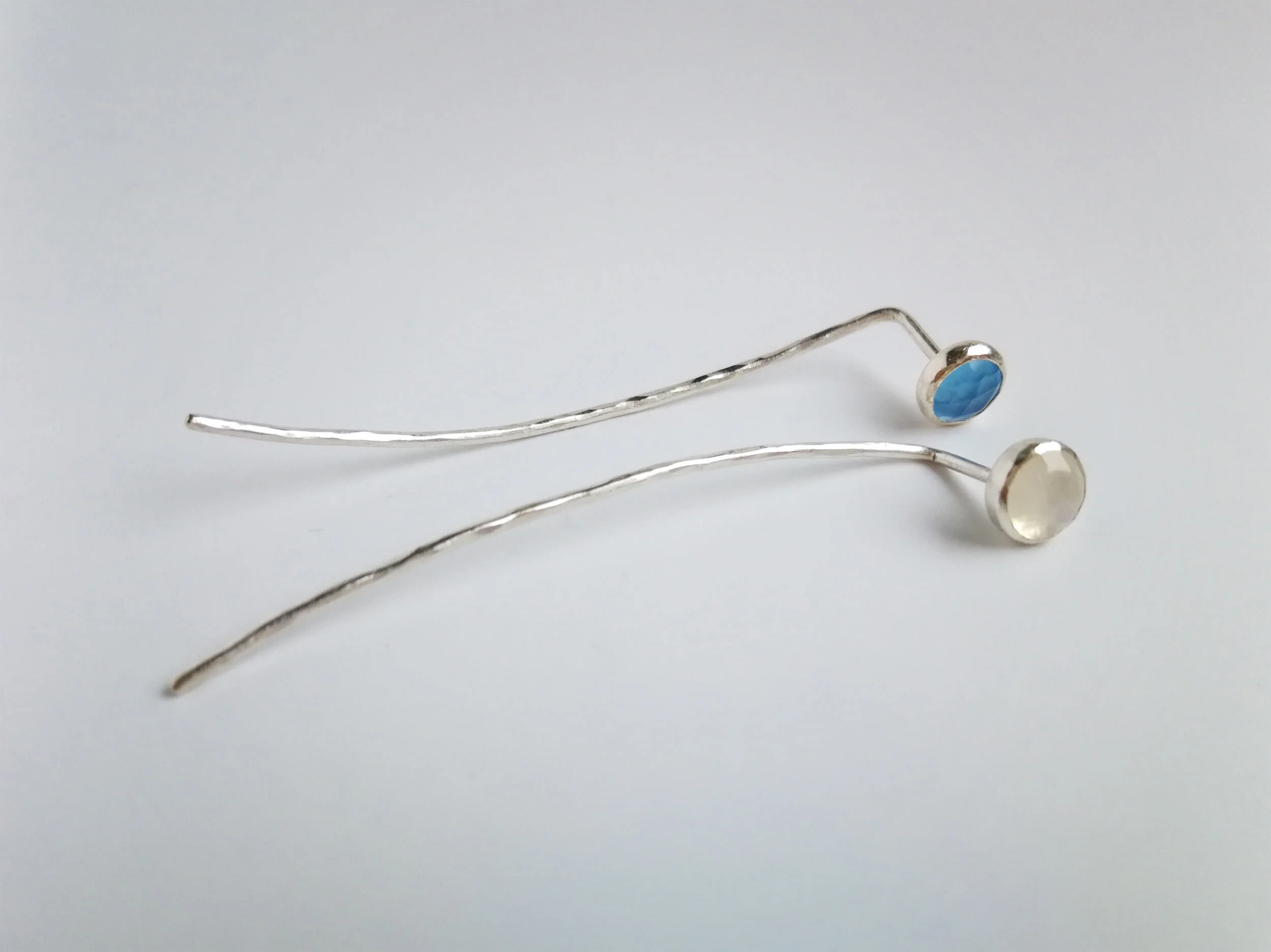 Handmade statement earrings with blue chalcedony and rainbow moonstone