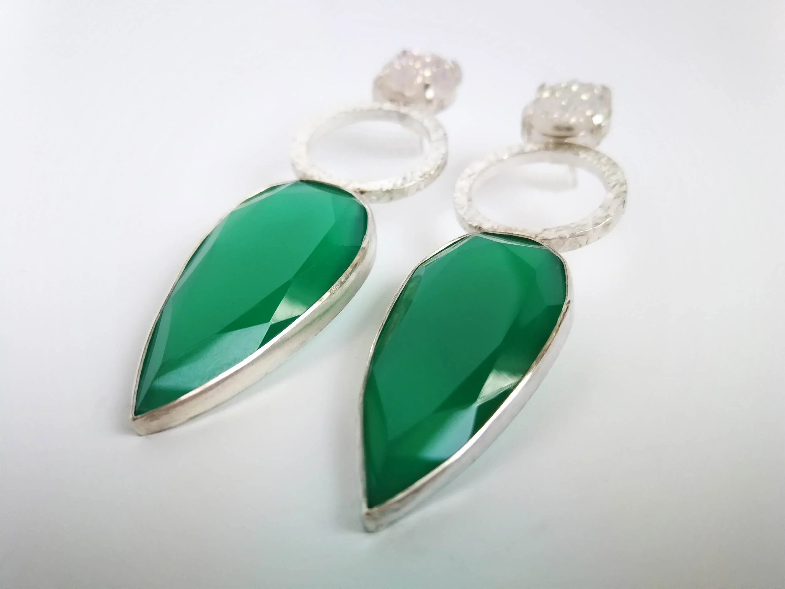 green onyx and druzy handmade statement earrings by victoria grace silversmith