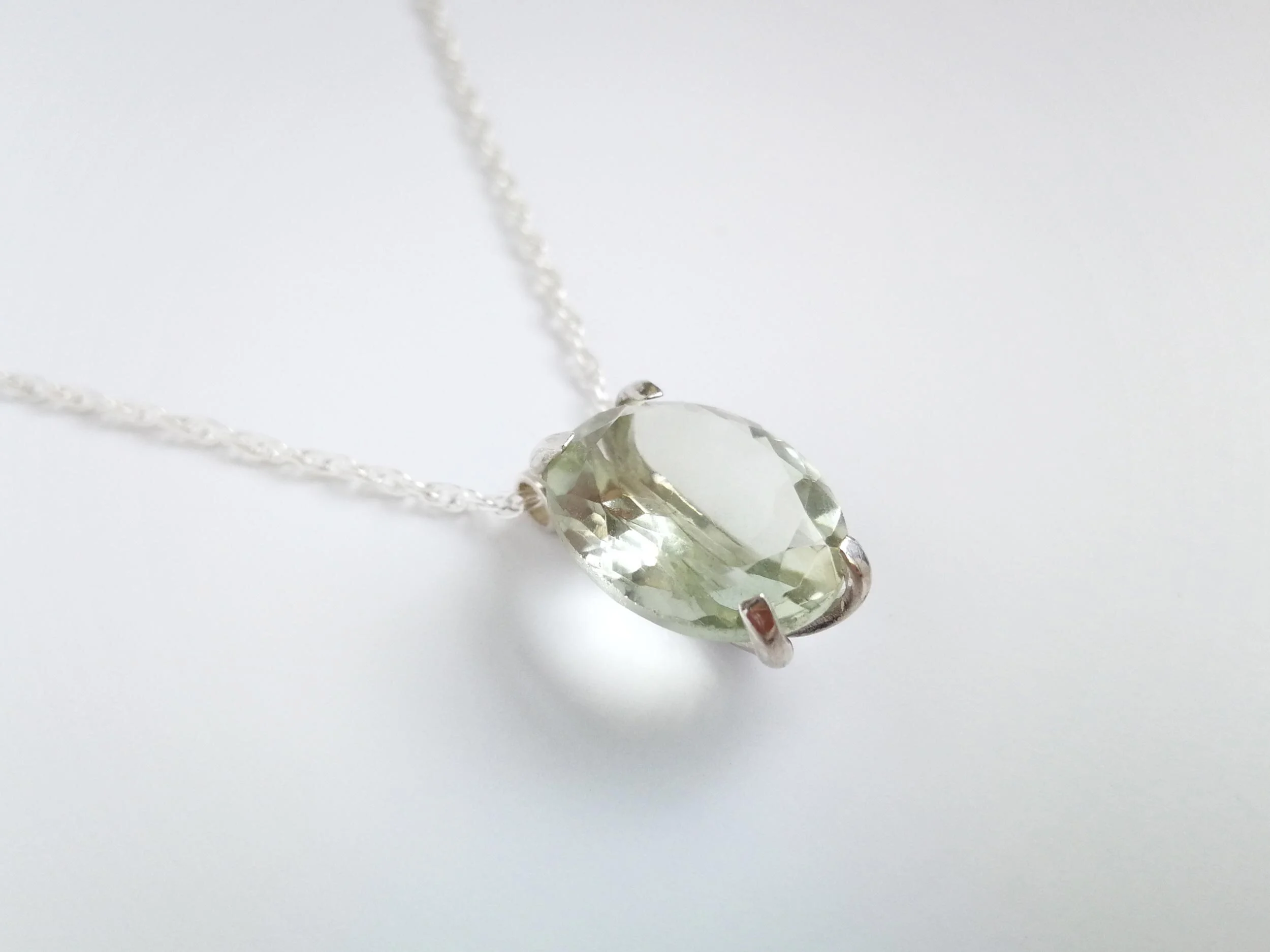 Unique claw set green amethyst necklace by victoria grace silversmith