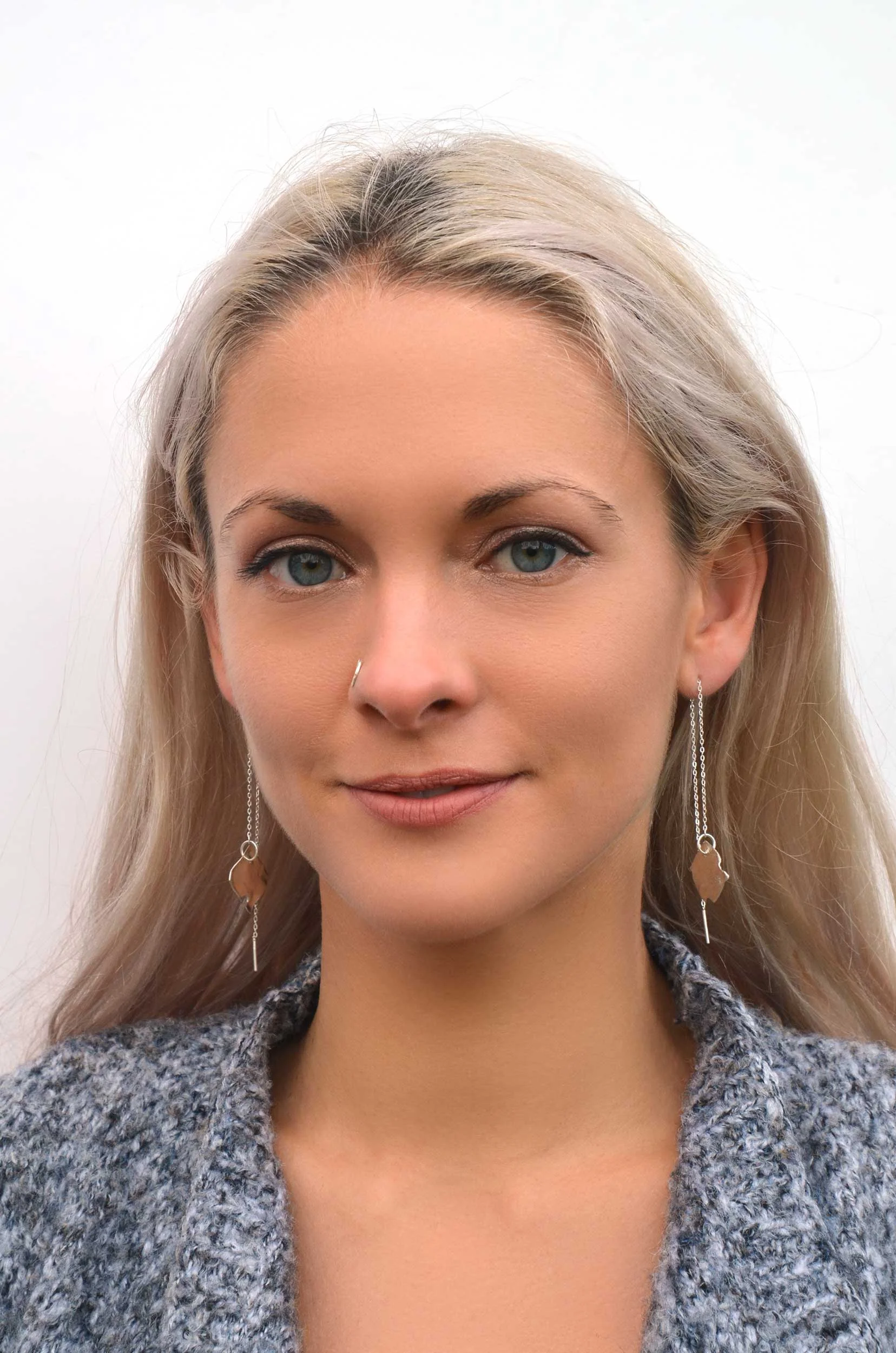 silver threader earrings on model by victoria grace silversmith