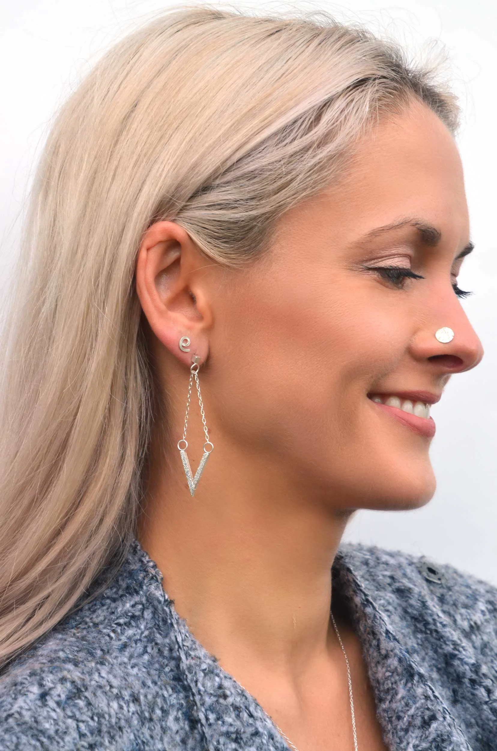 statement earrings dangly V by victoria grace silversmith