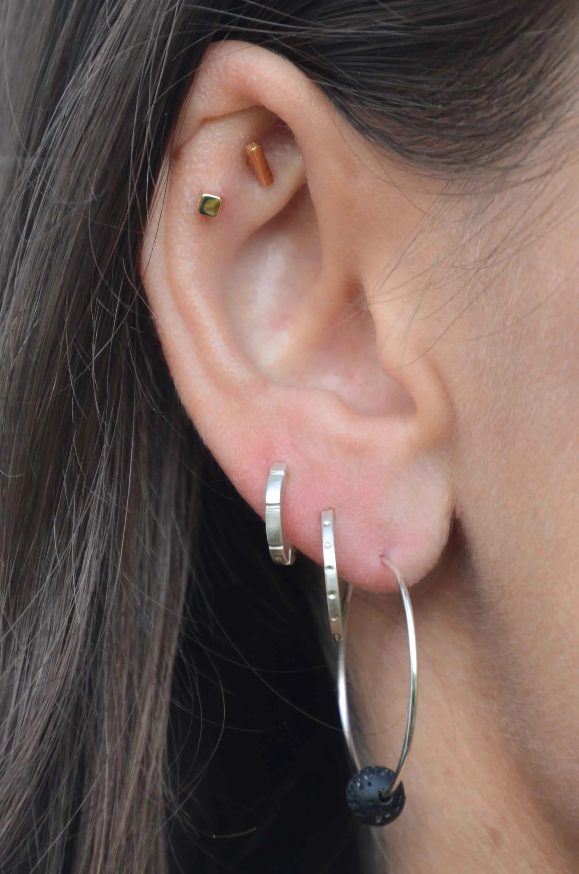 recycled silver hoops earrings with lava bead for essential oil