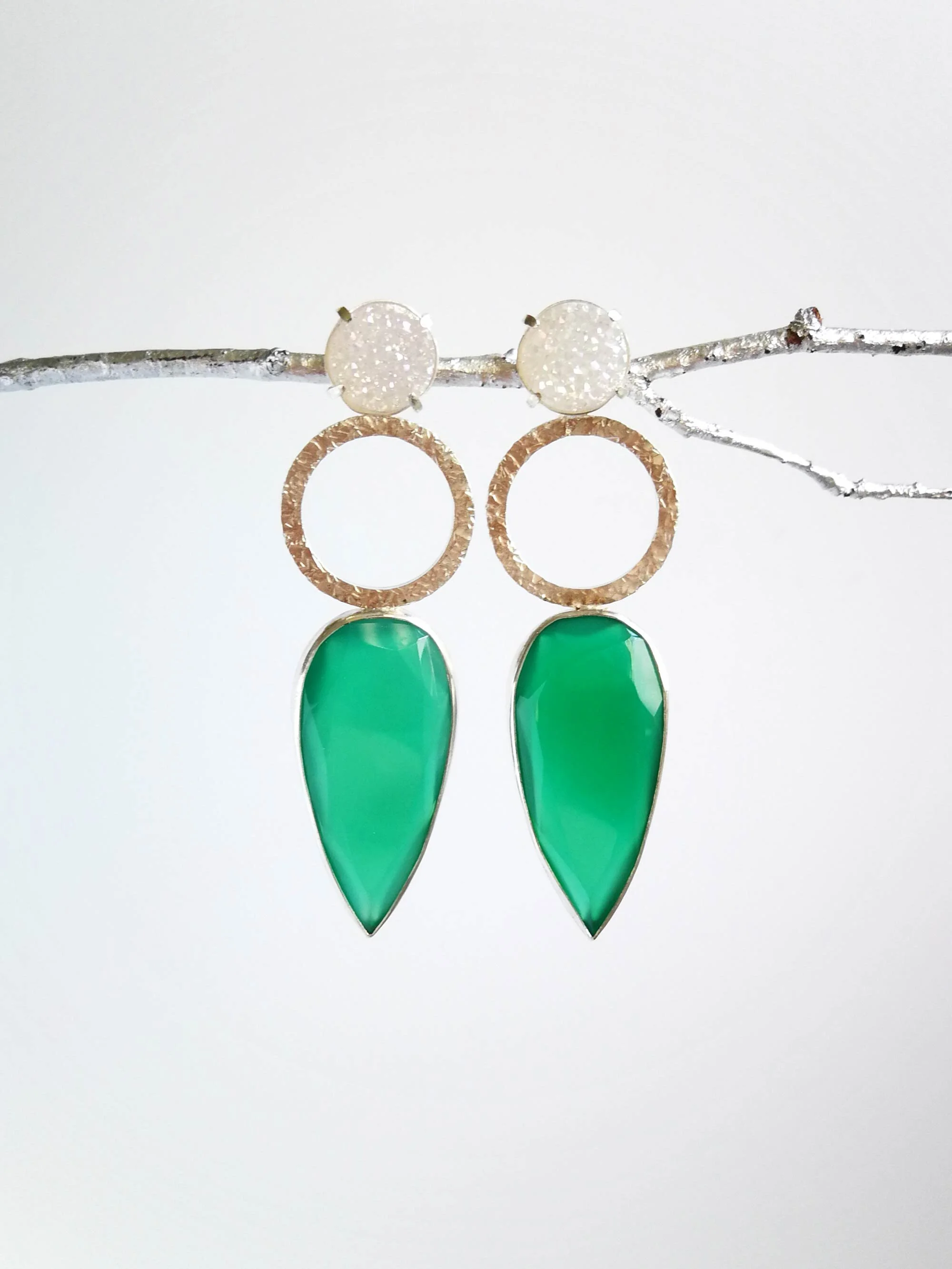 handmade statement earrings with green onyx and white druzy