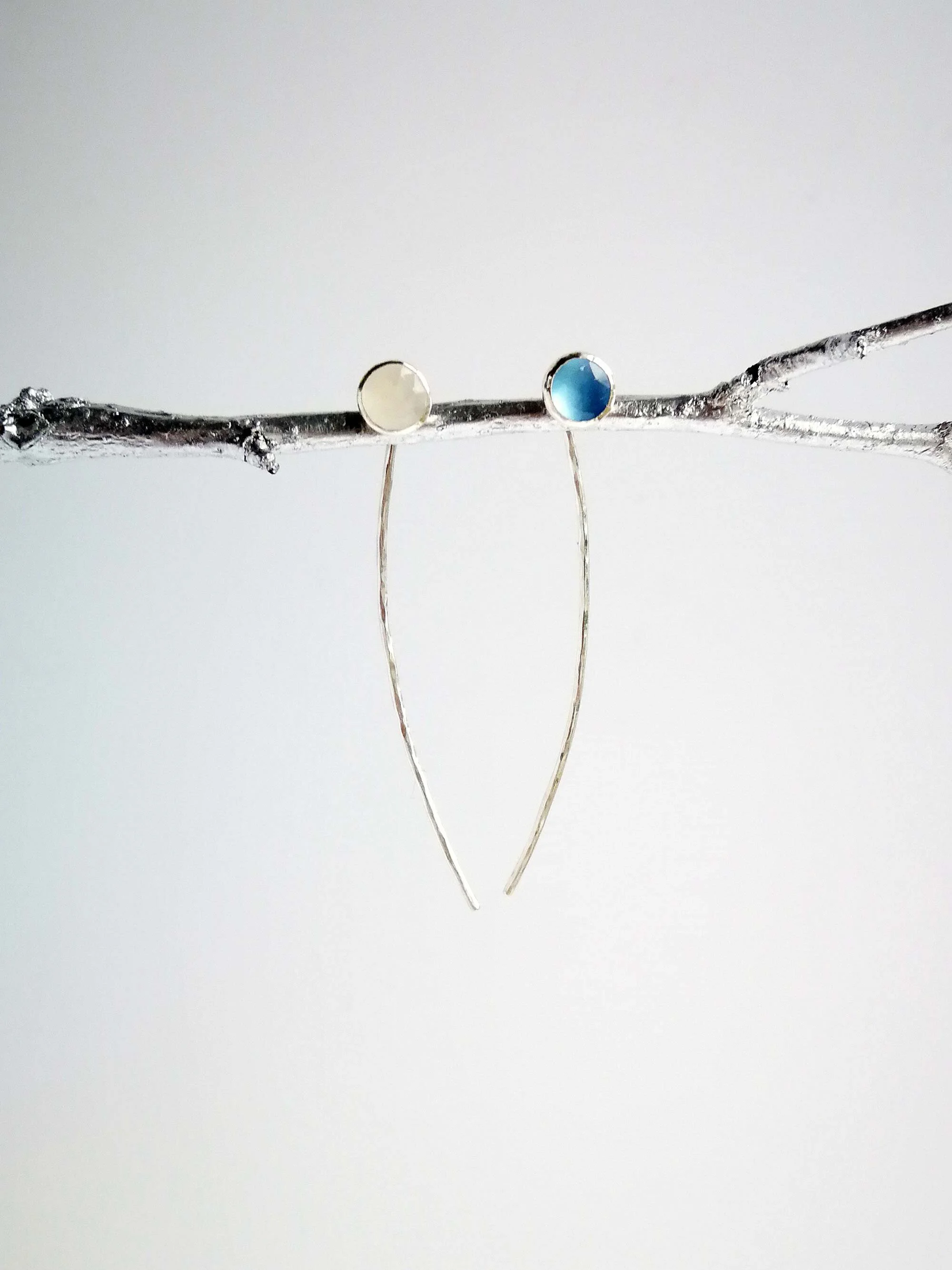 Handcrafted moonstone and blue chalcedony wire drop earrings product photo