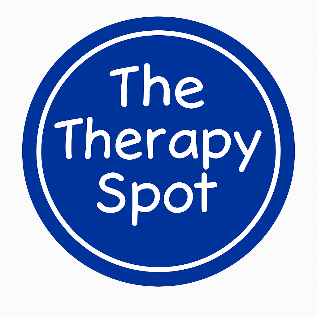 A blue circular button with white text that says "The Therapy Spot."
