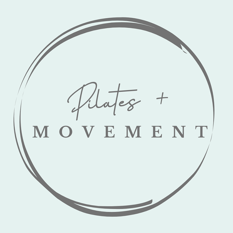 Logo with the words 'Pilates + Movement' in black script and serif font on a light mint green circular background.