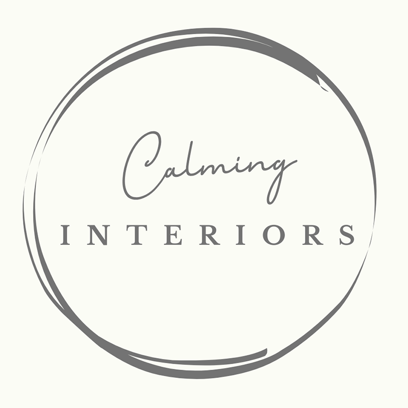 Logo for Calming Interiors with a white background and black cursive and serif text