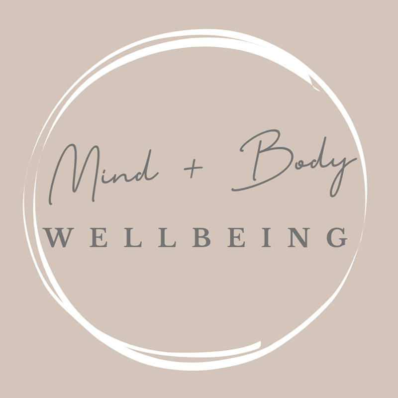 Circular logo with beige background and white border, featuring the words 'Mind & Body Wellbeing' in black cursive and serif fonts.