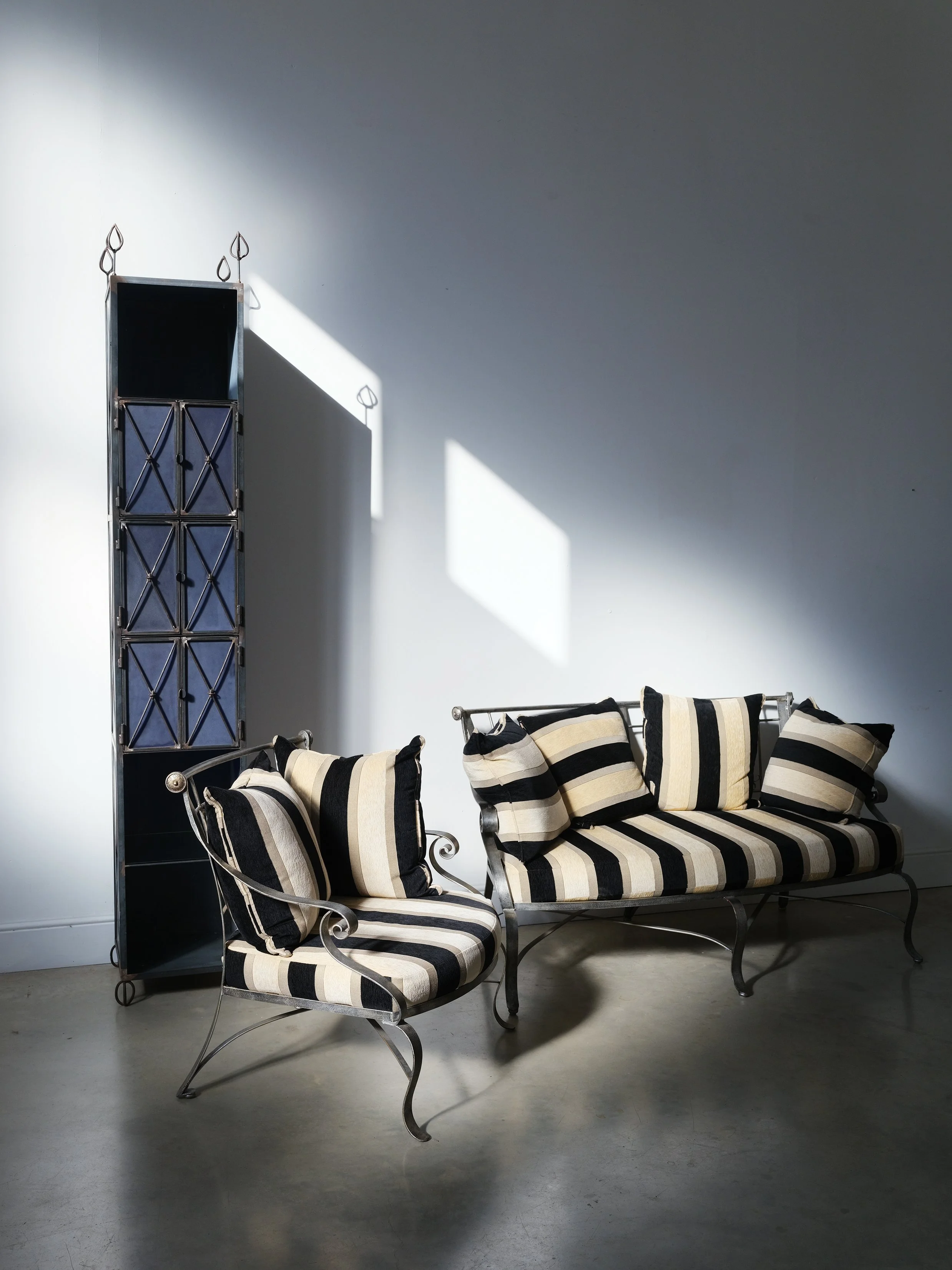 1980s–90s Wrought Metal Sofa and Armchair Set with Striped Upholstery