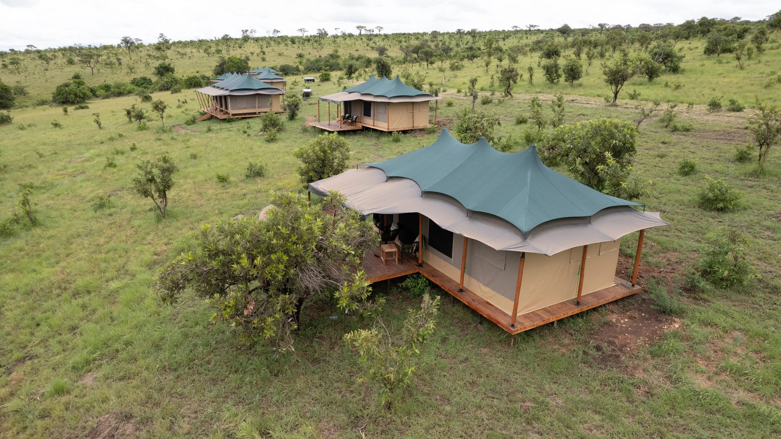 Aerial view of multiple safari tents with large, wavy blue and beige fabric roofs in a grassy, tree-dotted landscape.