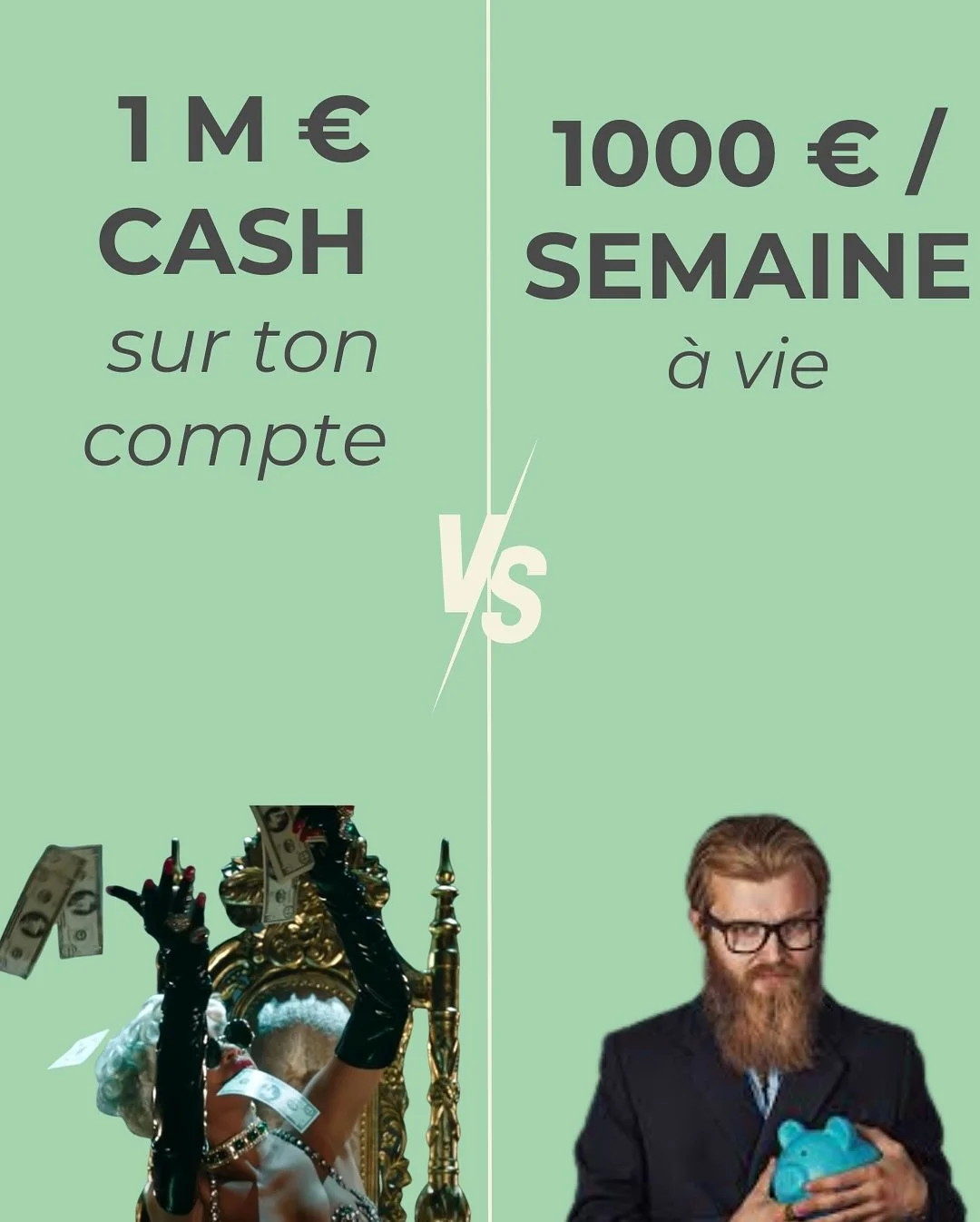 💰 1 million cash ou 1 000&euro;/semaine &agrave; vie ?
C&rsquo;est un vrai choix propos&eacute; &agrave; une gagnante r&eacute;cemment.

Le cash, c&rsquo;est puissant si tu sais r&eacute;partir vite et oublier la thune &rarr; investir, s&eacute;curi