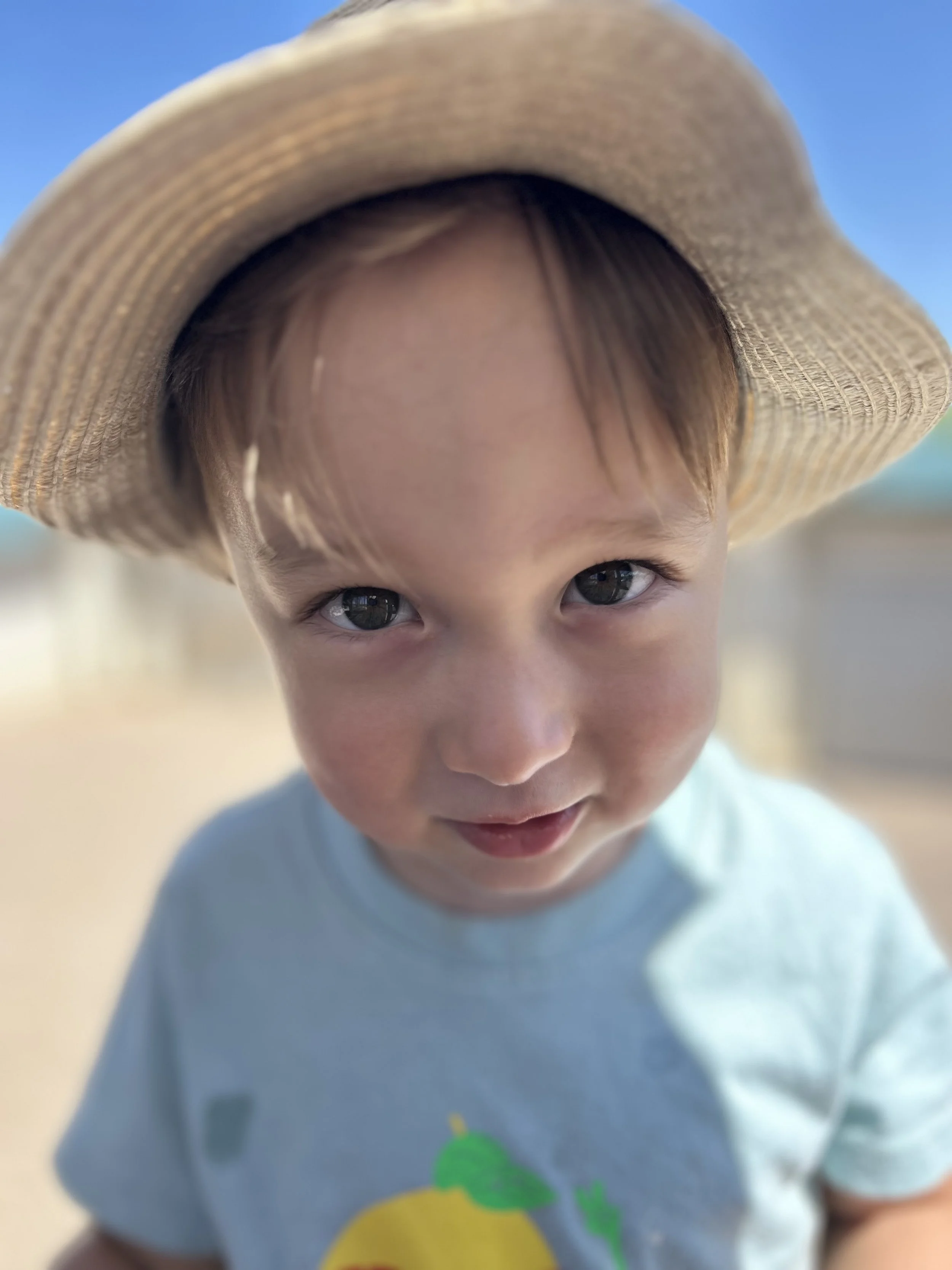 Young boy wearing a straw hat and a light blue T-shirt, outdoors on a sunny day