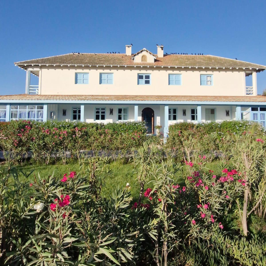 A large, white, two-story house with a brown tile roof, surrounded by green bushes and pink flowers, under a clear blue sky.
