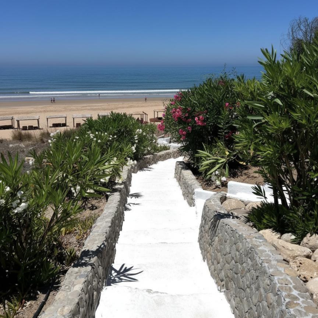Pathway with stone border leading to sandy beach with umbrellas and beach chairs, ocean with gentle waves, and clear blue sky, surrounded by green plants and pink flowers.