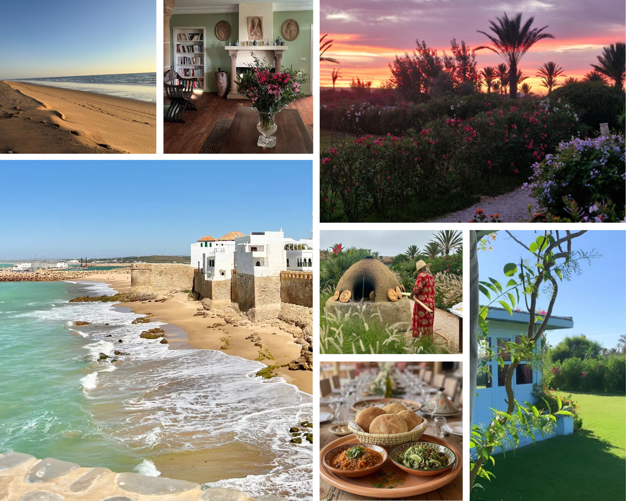 Collection of images showcasing a beach, an indoor living room with a fireplace and flowers, a vibrant sunset over a garden, a coastal town with historic walls and sandy beach, a person making traditional pottery, a table set with various dishes, and a house surrounded by greenery and trees.