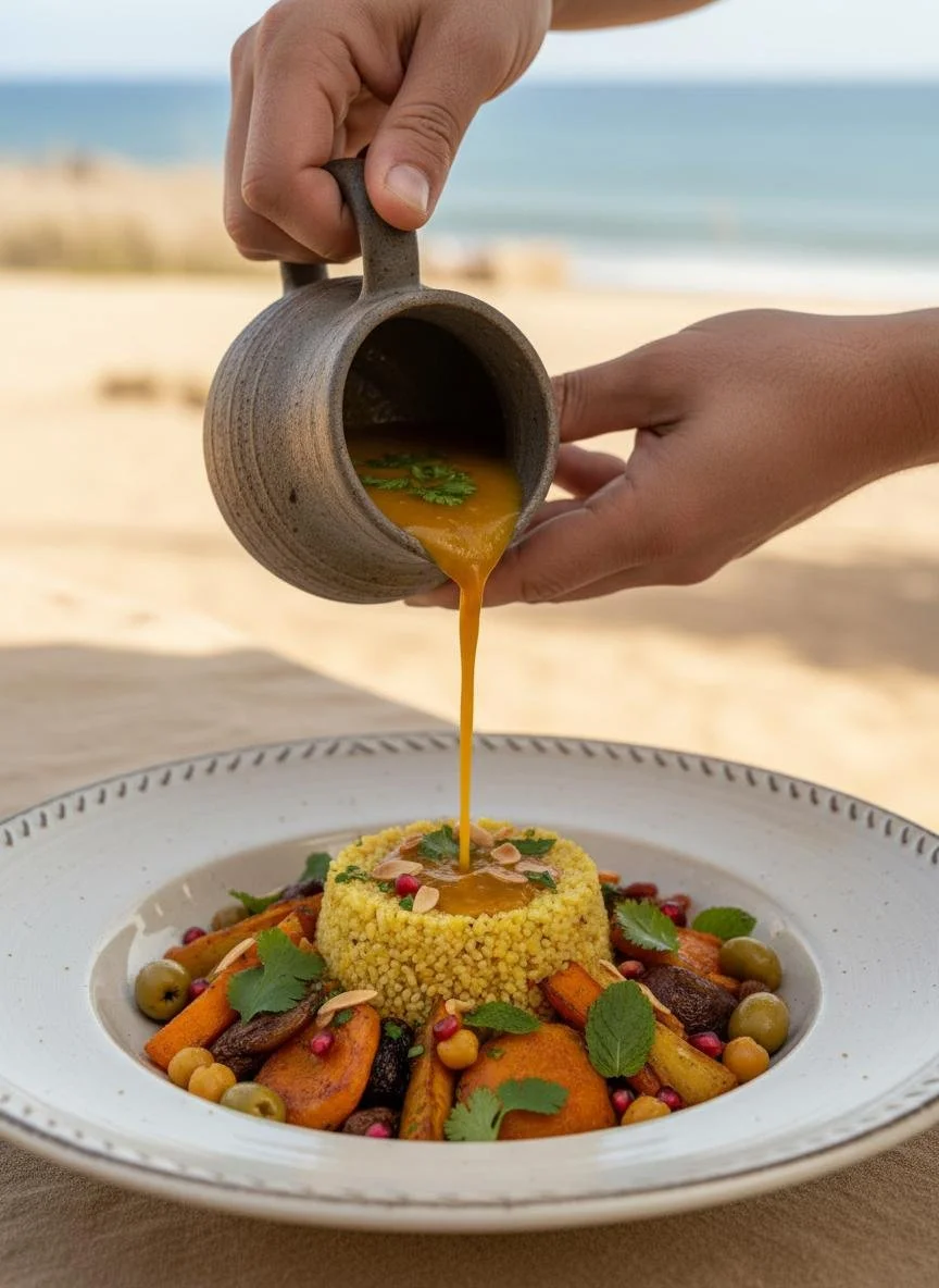 A person pouring sauce over a plated dish of vegetables and couscous on a beachside table.