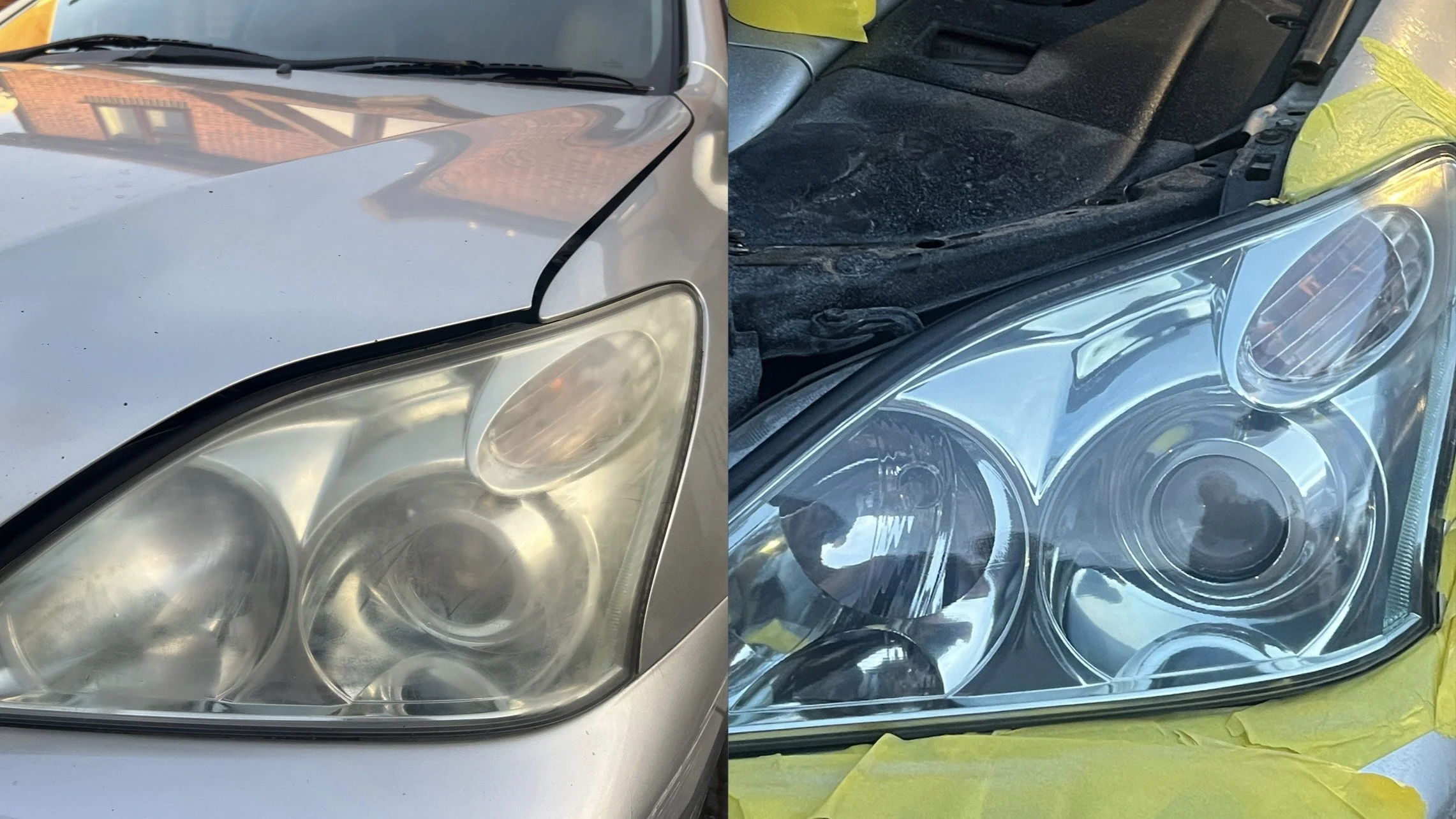 Comparison of two car headlights; the left headlight appears foggy and cloudy, while the right headlight is clear and shiny.