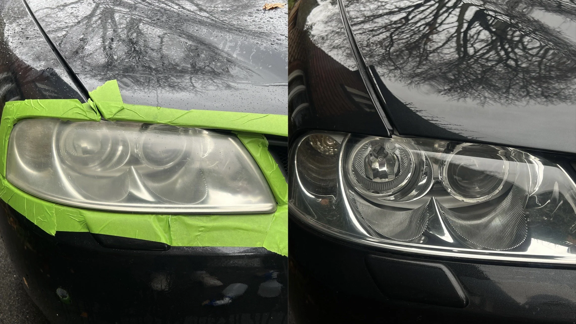Split image showing a car's headlight before and after cleaning or restoration, with the left side covered in masking tape and the right side clear and polished.