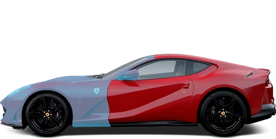 A red and light blue Ferrari sports car with black wheels, positioned sideways.