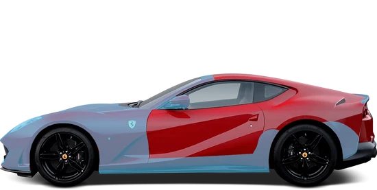 Side view of a red and gray sports car.
