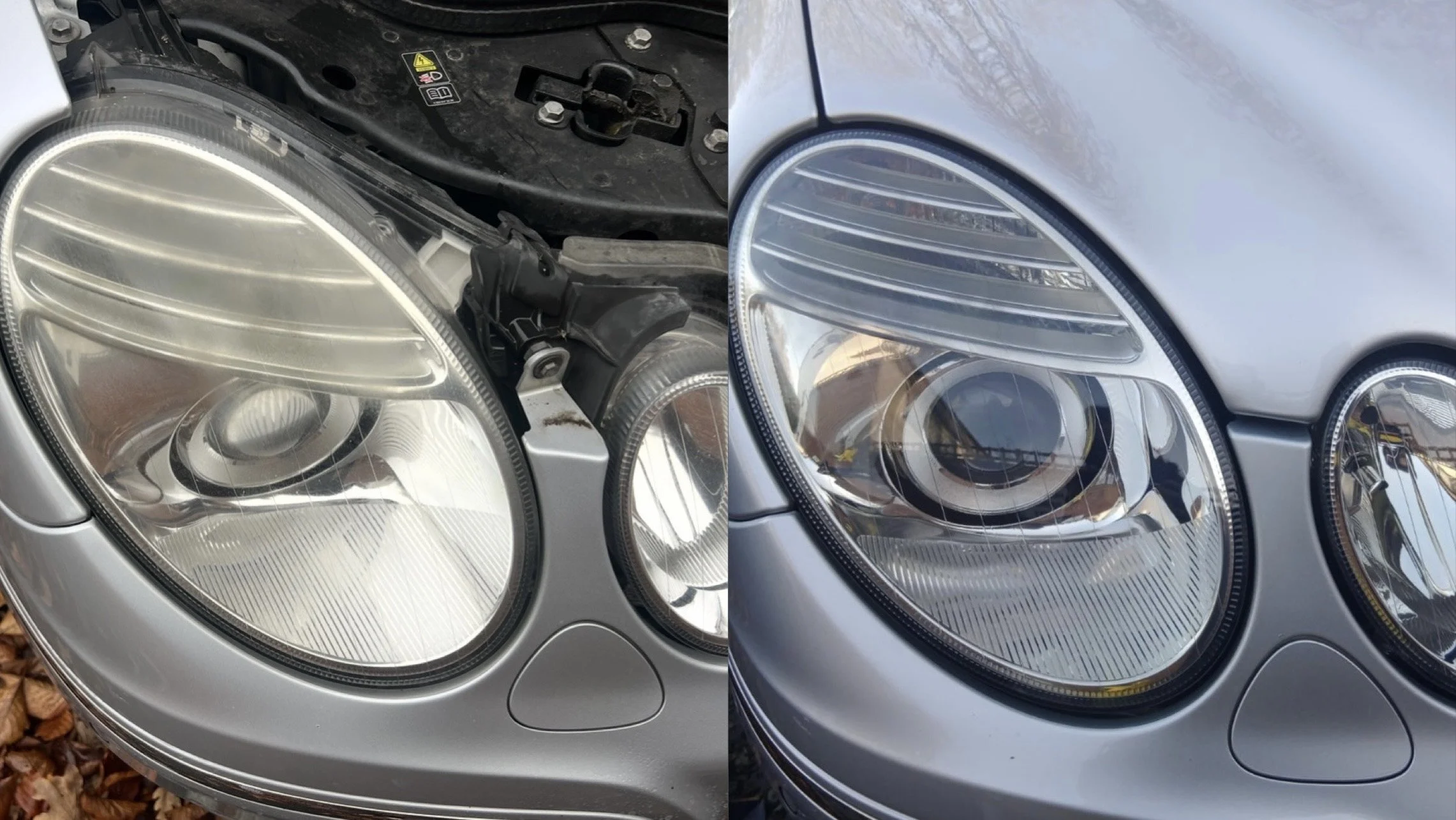 Comparison of two car headlights, with the left headlight showing a damaged lens and the right headlight showing a clean, intact lens on a gray car.