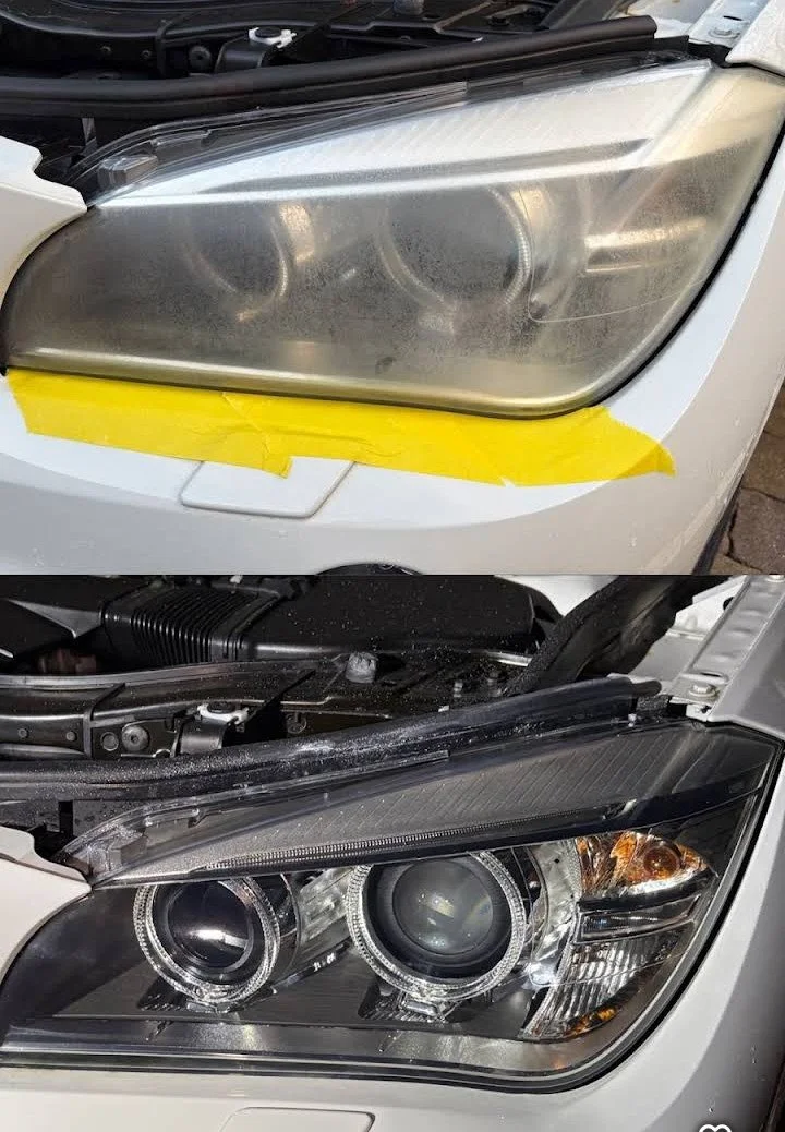 Comparison of a car headlight before and after restoration, showing a cloudy, oxidized headlight lens in the top image and a clear, restored headlight in the bottom image.