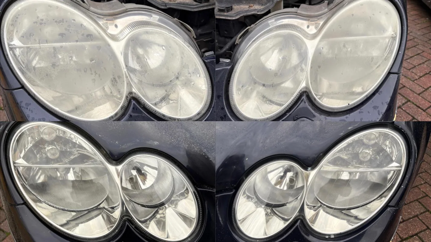 Comparison of car headlights before and after cleaning: top row shows dirty, cloudy lenses; bottom row shows clean, clear lenses on a black vehicle.