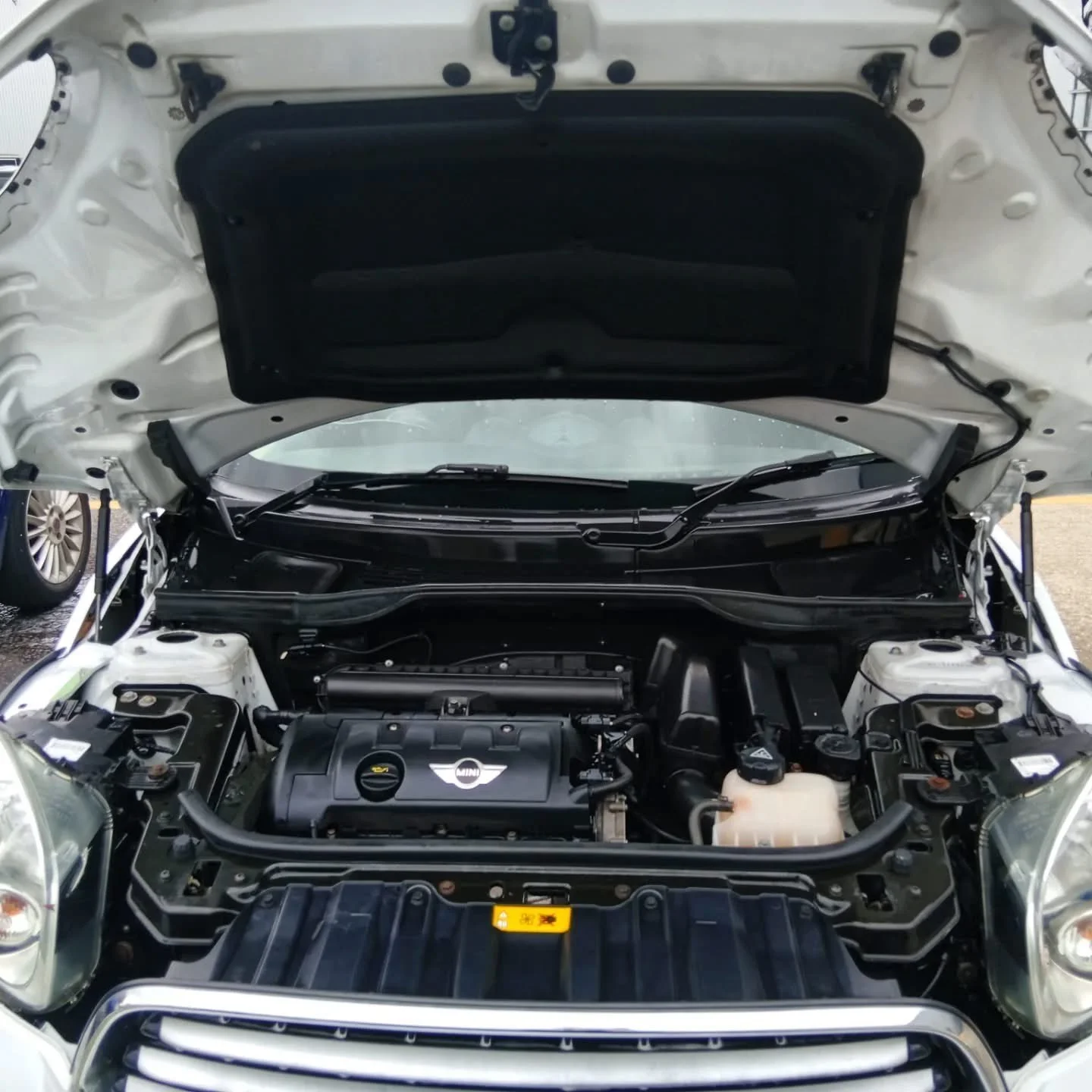Open car hood revealing engine compartment of a Mini Cooper.