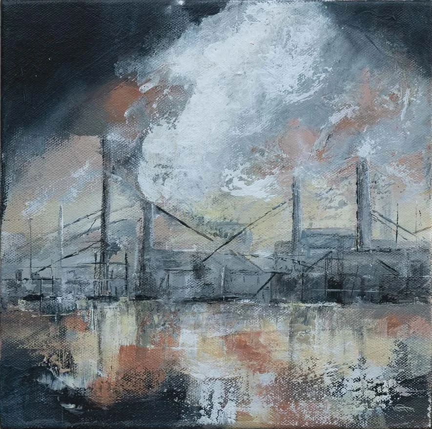 Abstract painting of a factory with smokestacks emitting smoke, reflected on a water surface.