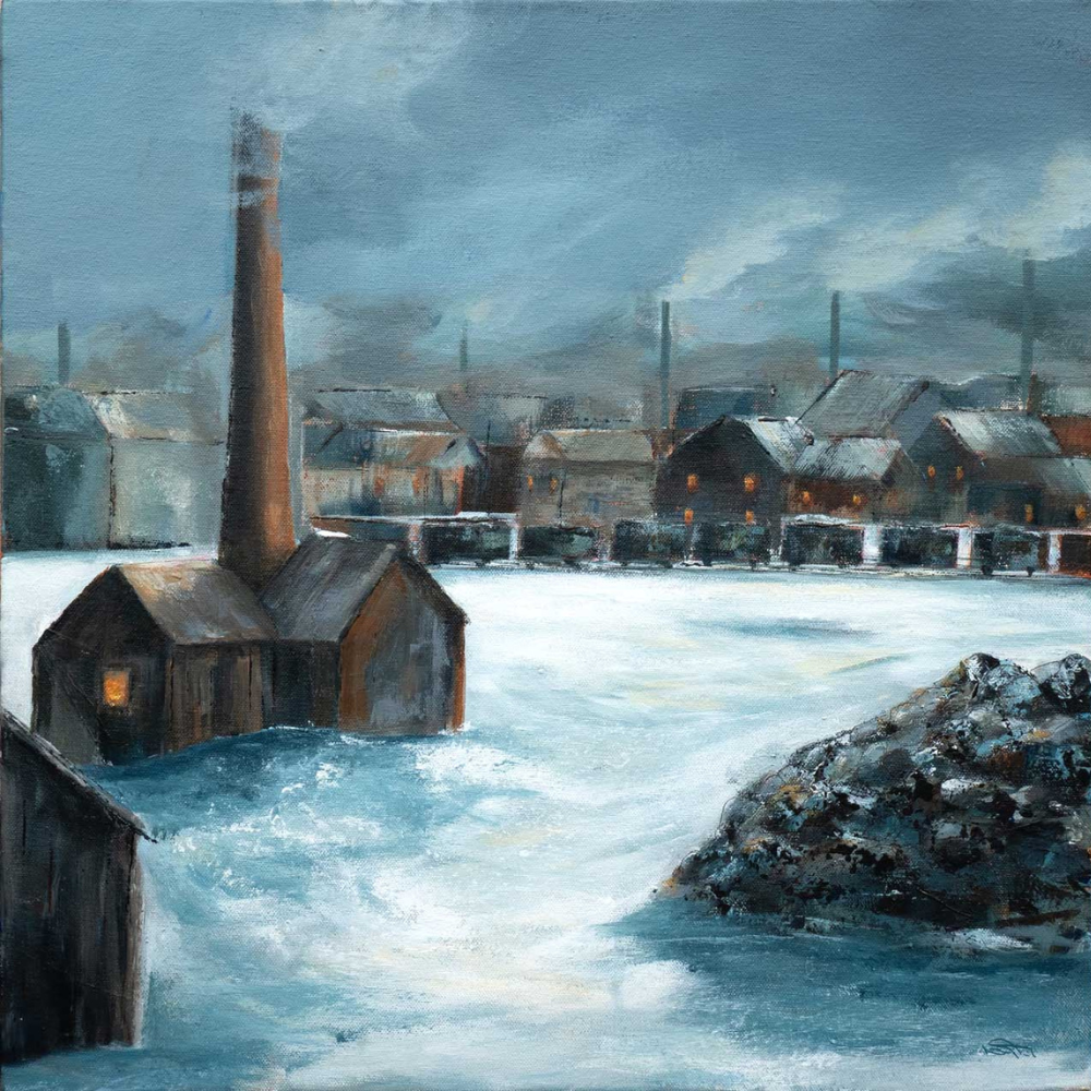 A painting depicting a cold, snowy industrial landscape with buildings, smokestacks emitting smoke, a river or frozen water, and a cloudy sky.