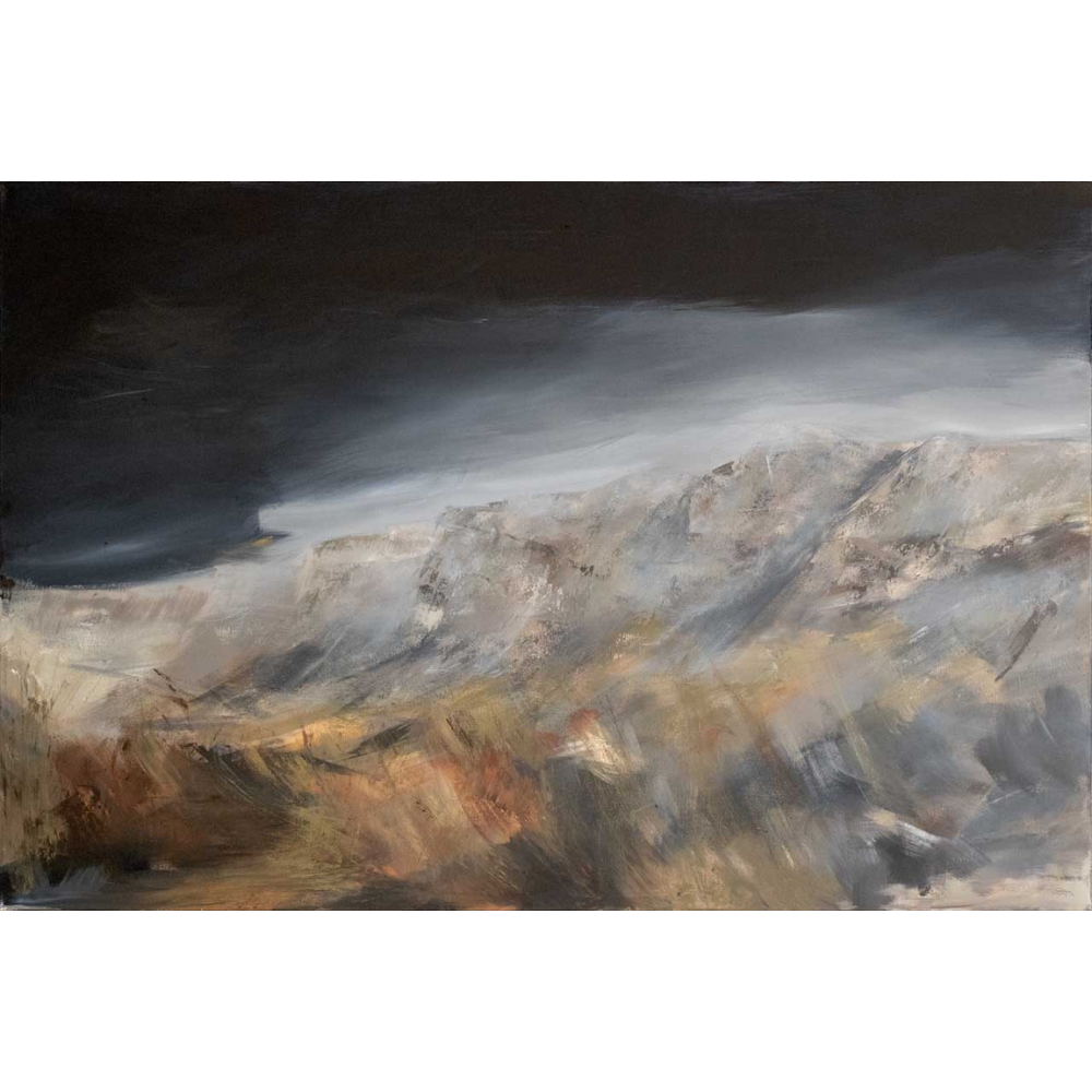 An abstract painting of mountain scenery with dark stormy clouds overhead.
