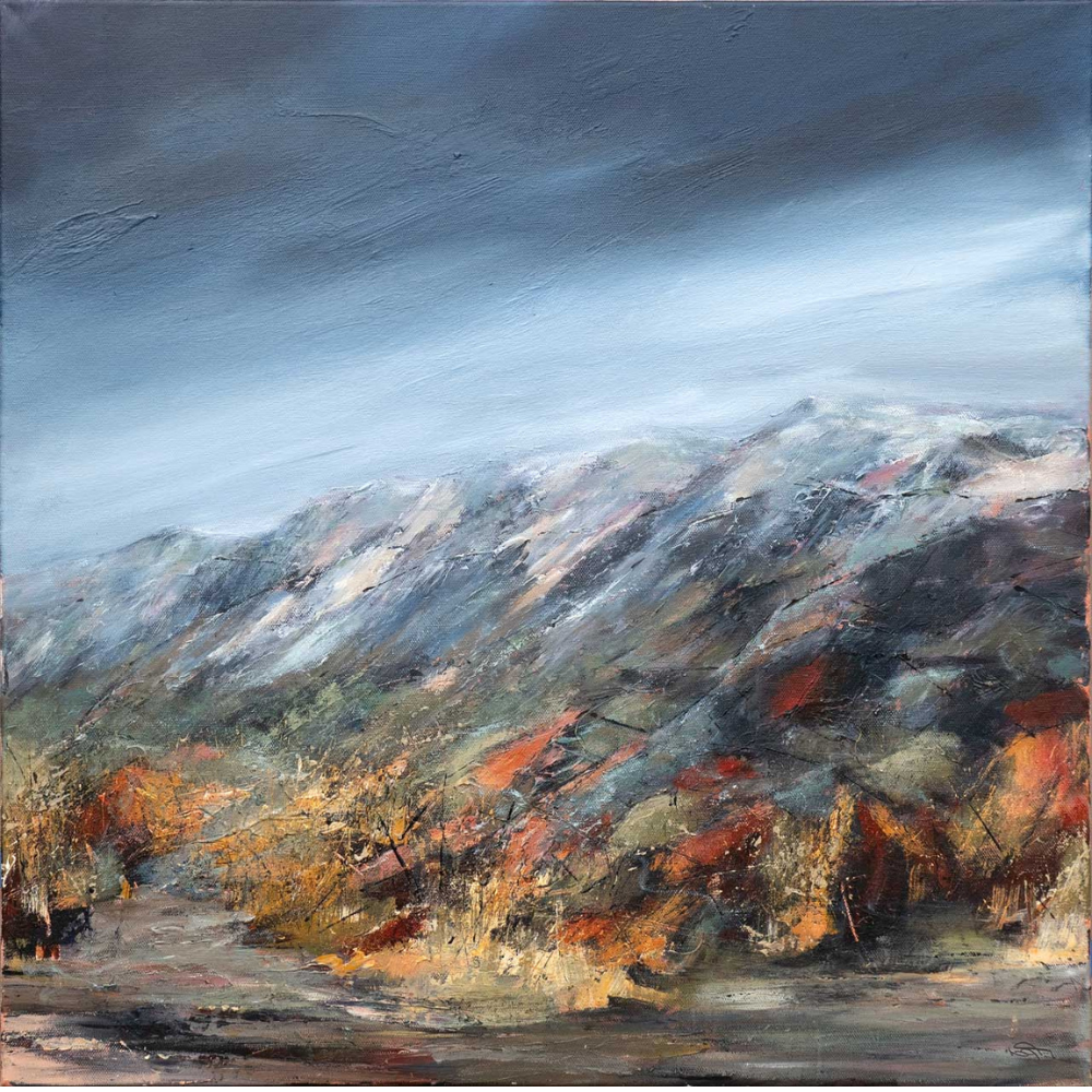 An oil painting of a mountain landscape with a cloudy sky, snow-capped peaks, and colorful autumn trees in the foreground.