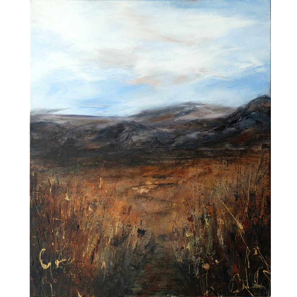 Abstract landscape painting of a brown and black mountain range under a blue sky with some clouds.