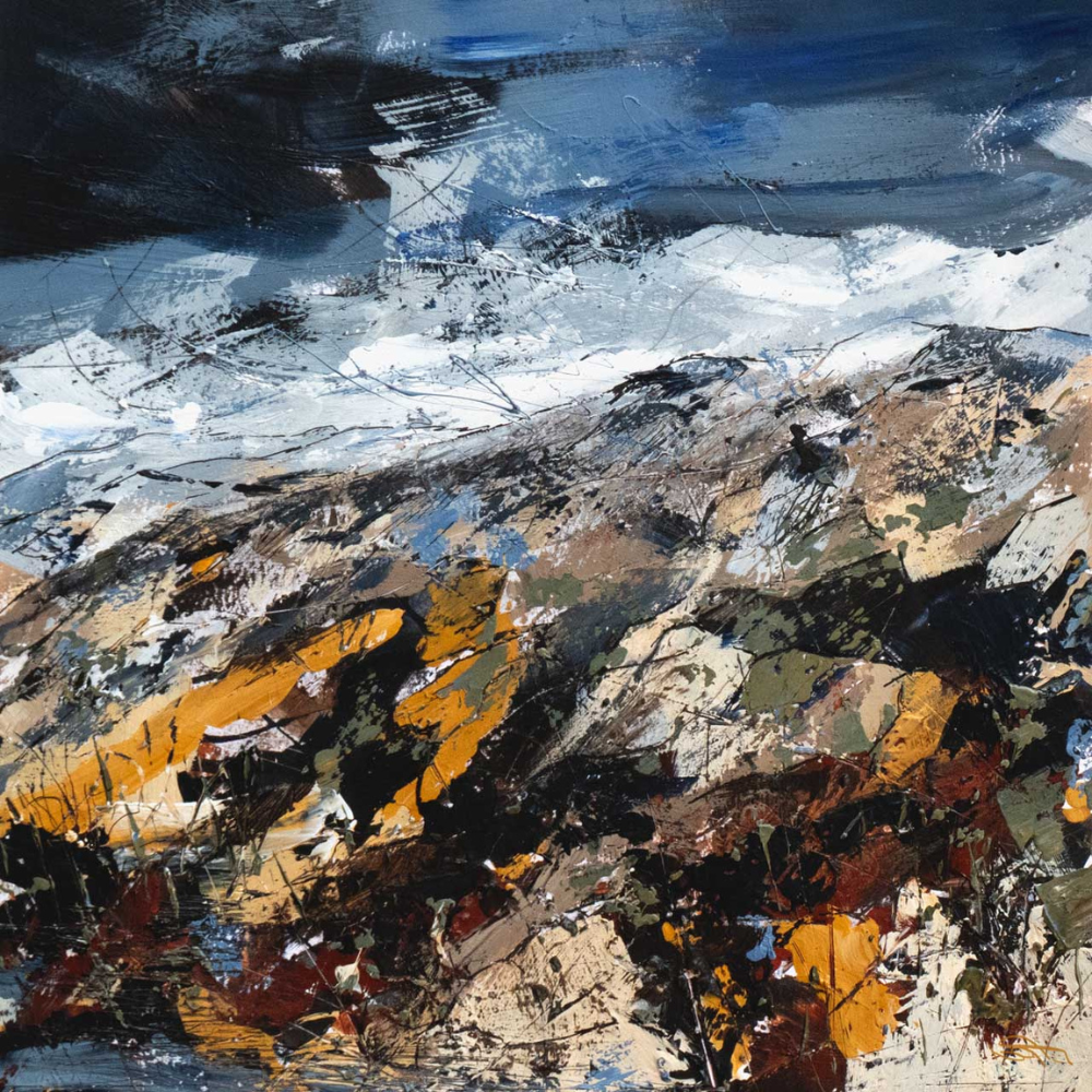 An abstract landscape painting featuring a stormy sky, rugged terrain, and colorful foliage utilizing bold, expressive brushstrokes.