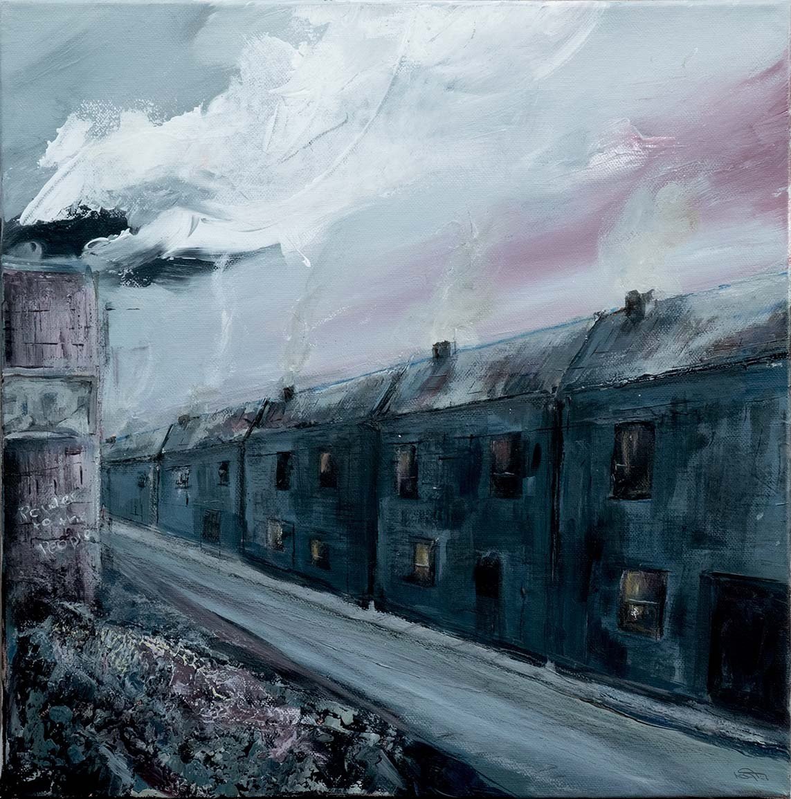 An artistic painting of a dark blue row of buildings under a cloudy sky with smoke billowing from chimneys.